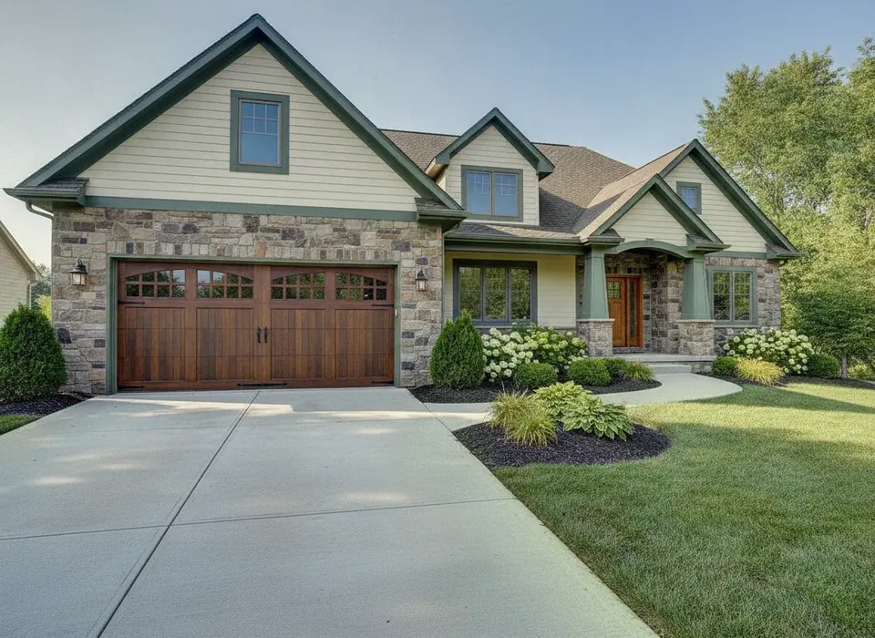 New carriage-style garage door on a suburban home