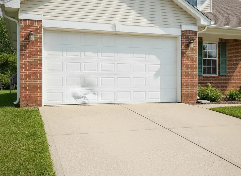 Dented lower panel on a white garage door
