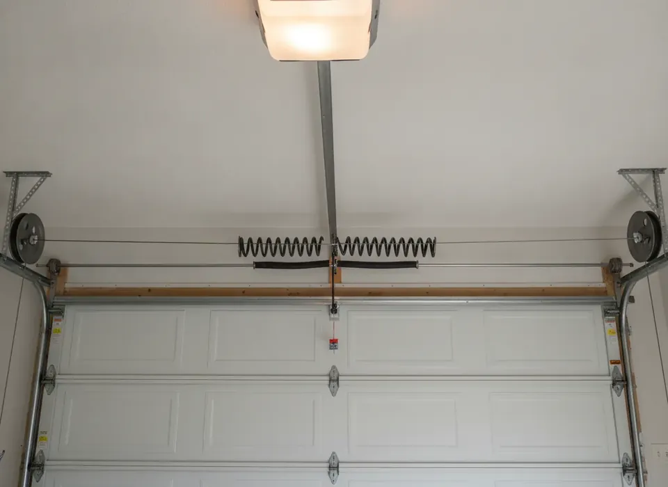 Torsion spring system above a garage door